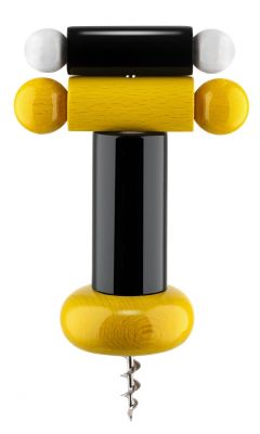 Alessi Korkenzieher ES17, schwarz, gelb und weiß. Design Korkenzieher aus Holz und Metall.